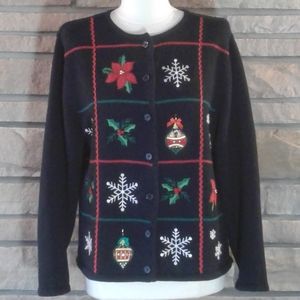 Black Pointsetta Ugly Christmas Sweater Cardigan